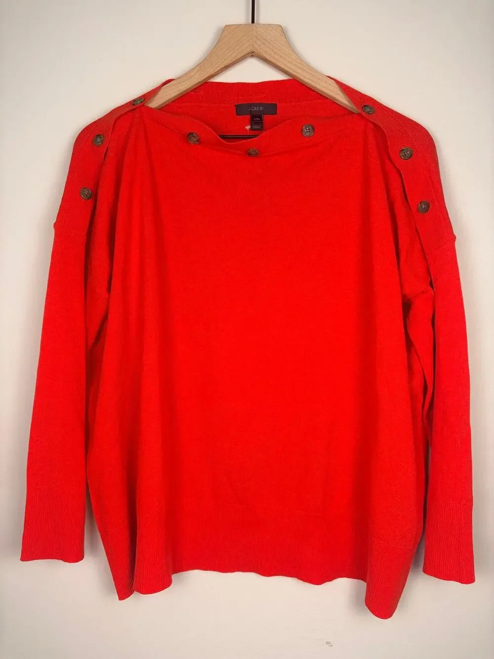 NWT J.Crew Button Shoulder Boatneck Sweater Red L/XL Cotton Blend